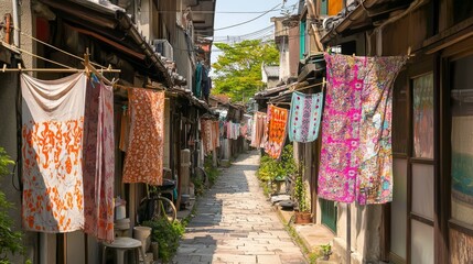 Obraz premium Colorful Fabrics Hanging in Narrow Passageway Between Buildings