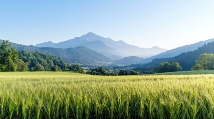 Obraz premium Mountain view, wheat field sunrise, valley, peaceful
