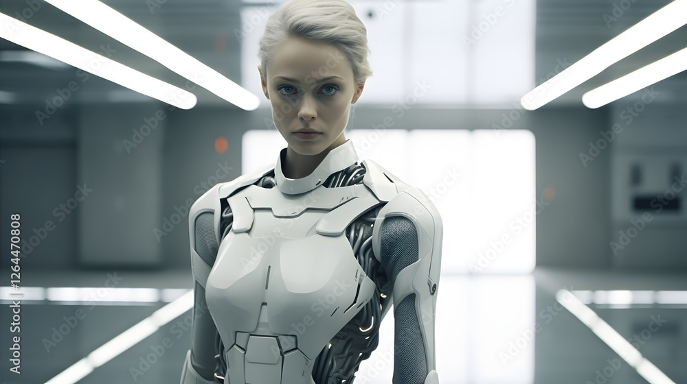 Poster sleek high tech humanoid avatar representing a conceptual chatbot designed for digital communication