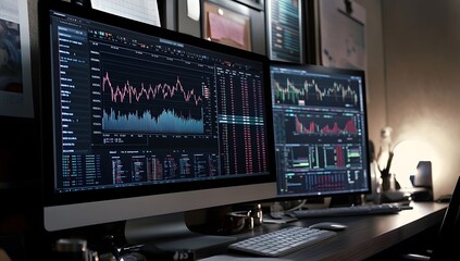 Obraz premium Two monitors showing financial data, home office