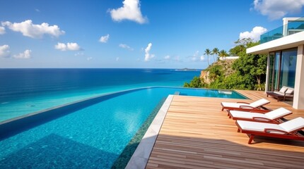 Fototapeta premium Luxury Resort Setting with Relaxing Beach Loungers, a Private Infinity Pool, and a Sunlit Wooden Deck Offering a Spectacular Ocean Panorama