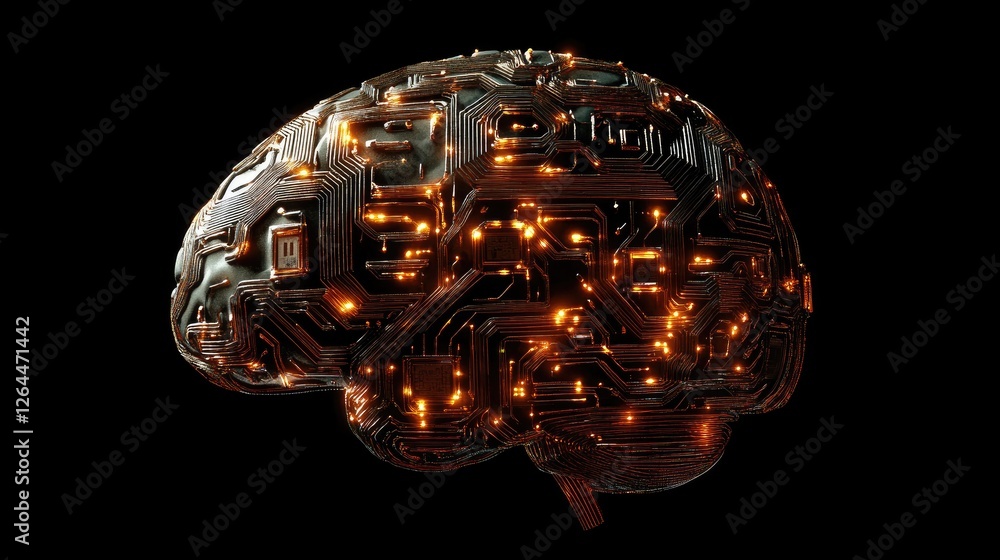 Poster an artistic depiction of a human brain made of interconnected digital circuits and glowing lines, sy