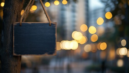 Blank Wooden Sign Hanging on Tree at Night with Bokeh Lights