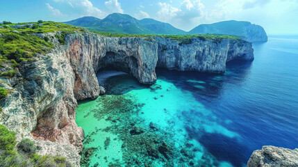 Naklejka premium Remote island with dramatic cliffs rising steeply from turquoise waters