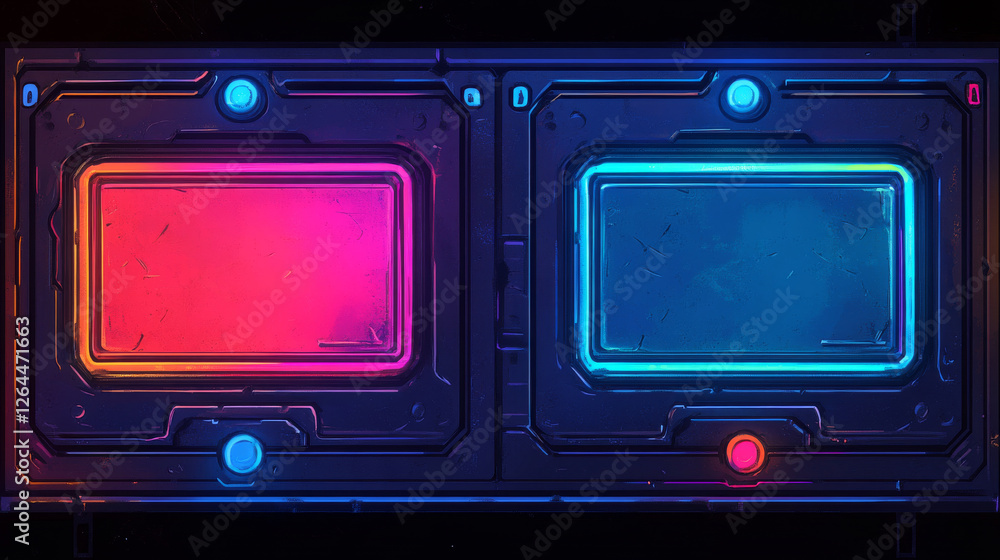 Poster set of game frames, bars and menu buttons cartoon interface elements. empty borders with banners, ui