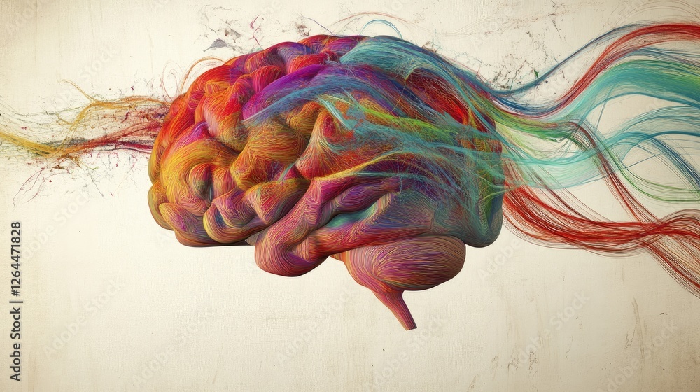 Poster an artistic rendering of a human brain with colorful, flowing neural pathways, illustrating complex 