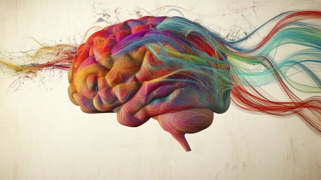 An artistic rendering of a human brain with colorful, flowing neural pathways, illustrating complex cognitive processes and mental activity.