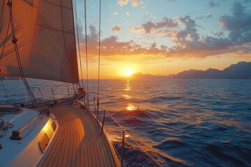 Sailboat deck at sunset, golden hour light. Perfect for travel, vacation, or luxury themes.