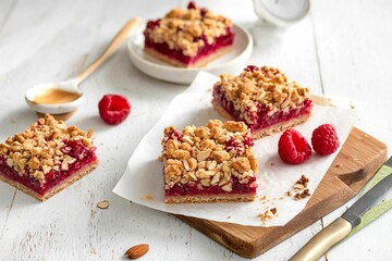 Almond oats and raspberry jam bars with crumble topping