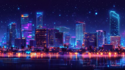 Obraz premium Vibrant Night Skyline of Downtown Phoenix, Arizona with Bright Lights and Urban Landscape Views