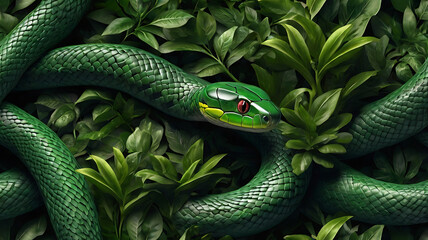 Fototapeta premium Fantustic Stunning 3D Realistic Green Snake in Lush Jungle – High-Detail Illustration