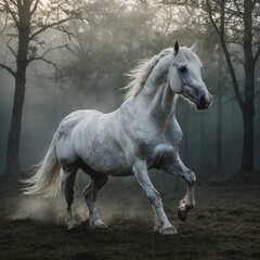 Obraz premium A mythical white horse with ethereal mist surrounding it in a pure setting.