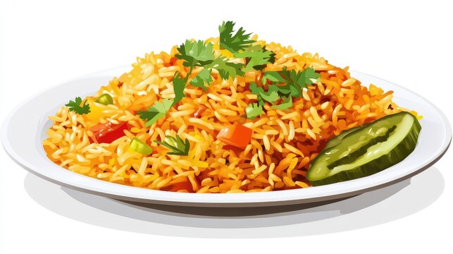 An artistic view of curry fried rice plated elegantly on a white dish, with a sprinkle of fresh cilantro and a side of pickled vegetables for added visual appeal.