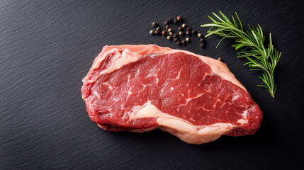 Fototapeta premium New York Strip Steak: A prime cut of New York strip steak rests on a dark slate surface, accompanied by fresh rosemary sprigs and black peppercorns.