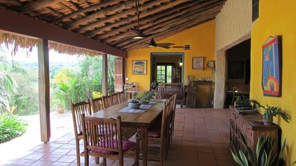 Obraz premium Comfortable dining area with wide tables and ample space for guests