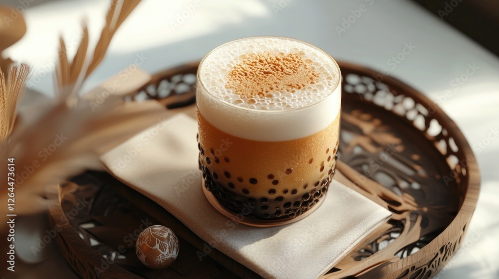 Poster an elegant setup featuring a bubble tea drink with a layer of creamy foam on top, placed on a stylis