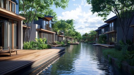 Fototapeta premium Scenic Riverside Path with Modern Houses and Lush Greenery