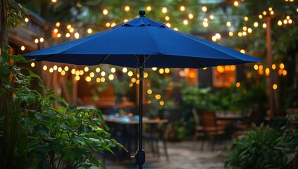 Serene Patio Evening: Blue Umbrella Under String Lights