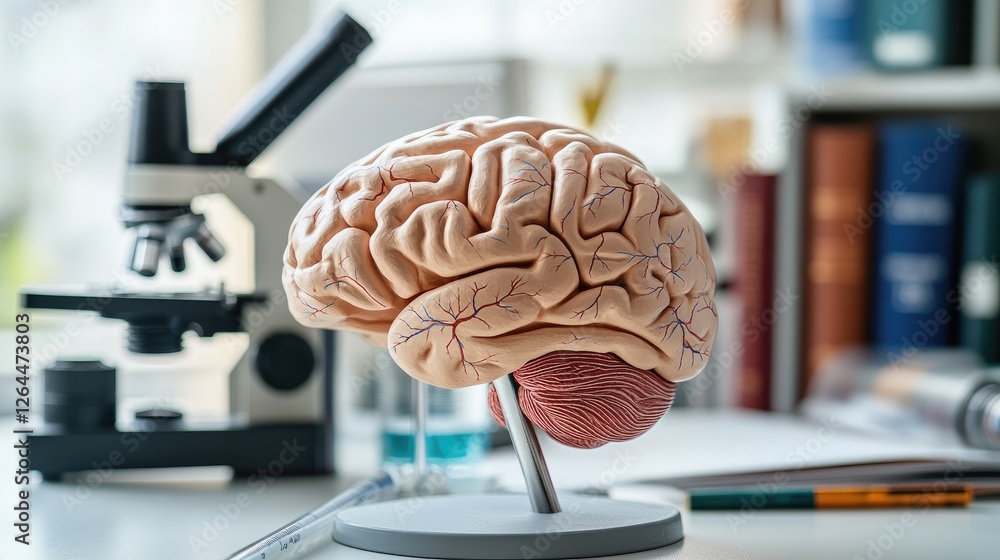 Poster an image of a brain model with various neurological connections highlighted, placed on a desk with e