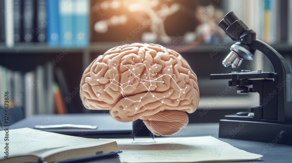 Poster an image of a brain model with various neurological connections highlighted, placed on a desk with e