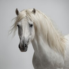 Naklejka premium A white horse playfully tossing its mane in an empty white space.