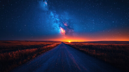 Naklejka premium Starry night sky over a vast prairie, with the Milky Way stretching across the horizon