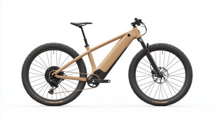 Naklejka premium Sandstone E-MTB: A sleek, modern electric mountain bike in a light sandstone color, showcasing its powerful motor, durable frame, and rugged tires. Perfect for off-road adventures. 