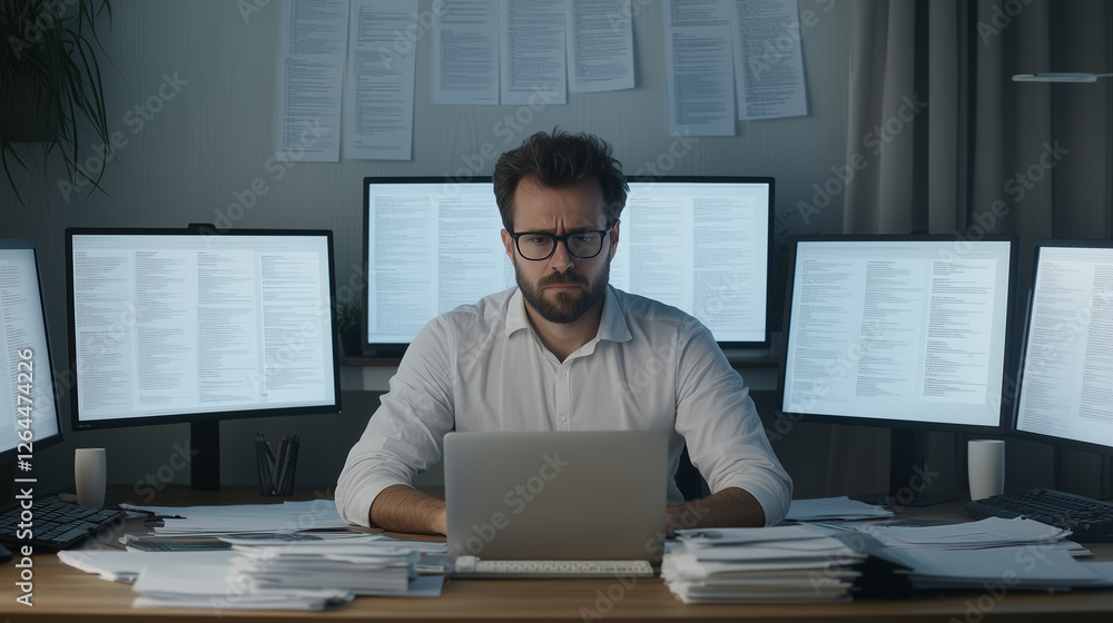 Poster the multitasking maestro: a focused man in glasses, surrounded by multiple computer screens, works d