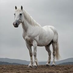 A majestic white horse standing proudly against a pure white background.