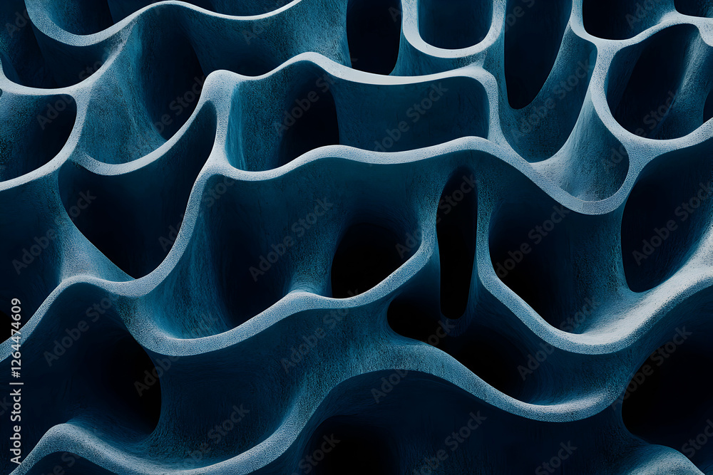 Poster abstract textured 3d render of a deep blue, organic, porous structure resembling a complex maze or n
