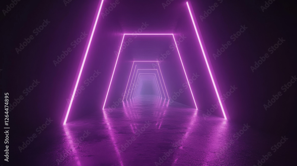 Poster neon light tunnel perspective. vector realistic illustration of dark hall with triangular shape geom