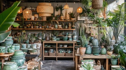 Fototapeta premium Cozy artisan caf with handmade pottery and rustic decor