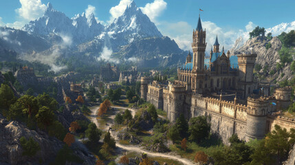 Fairy tale castle in mountains. Vector cartoon landscape of fairytale kingdom with rocks, trees, road and blue royal palace with towers and windows. Fantasy medieval castle