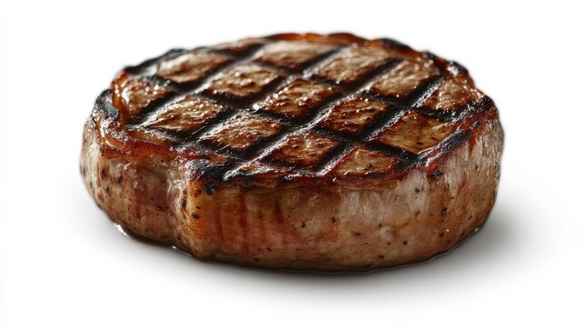 A close-up of a juicy steak with grill marks, isolated on a white background.