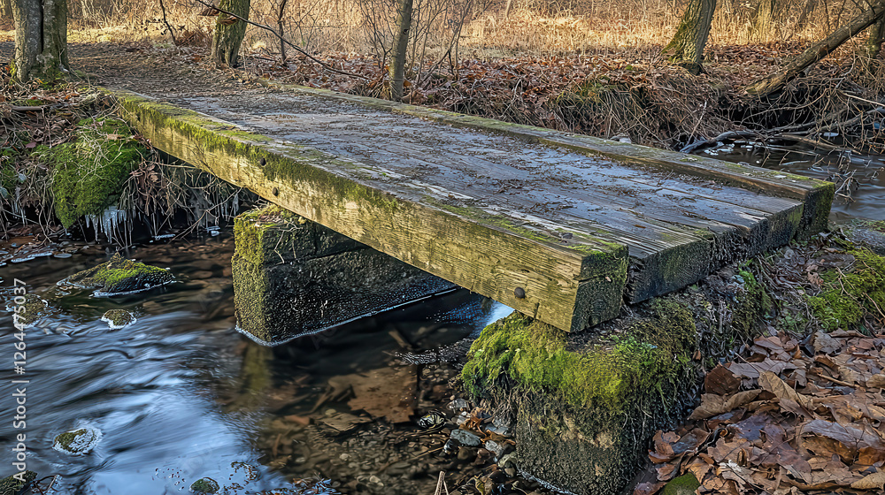 Poster weathered timber bridge crossing small stream surrounded by nature in rustic setting