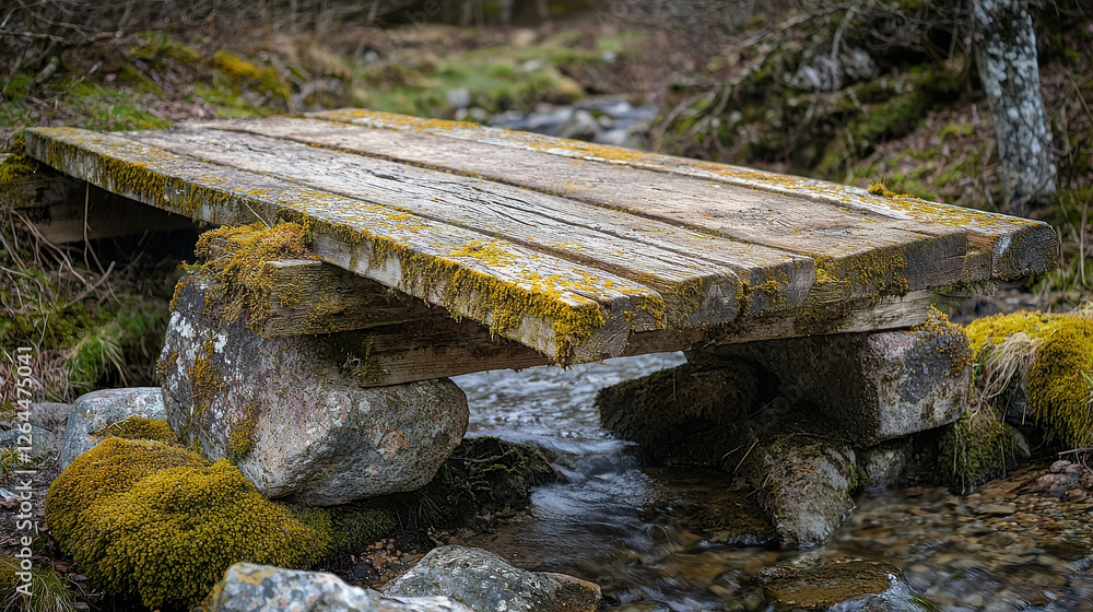 Poster weathered timber bridge crossing small stream surrounded by nature in serene forest setting