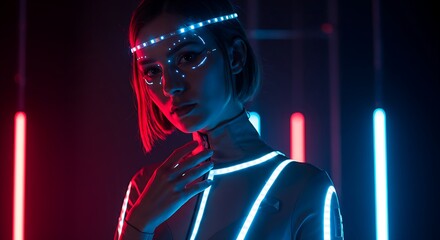 Futuristic Fashion Portrait High-Tech Bodysuit LED Elements Smart Fabrics Metallic Accessories Generative Ai