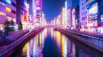 Obraz premium Gleaming City Canal at Night with Modern Neon Lights Reflections