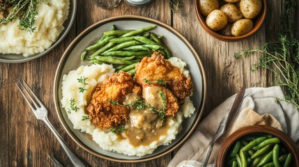 An overhead view of a hearty meal featuring fried chicken, mashed potatoes, gravy, and a side of green beans, served on a rustic wooden table.