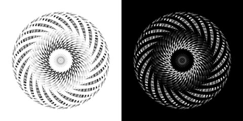 Dynamic abstract spiral sound wave rhythm lines. Mandala lines. Rhythm of circular spiral sound wave lines. Circular futuristic abstract lines, black and white background.