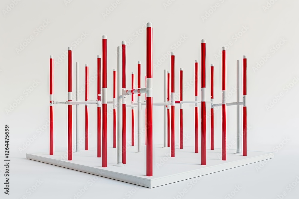 Poster a 3d structure featuring red and white poles arranged in a geometric pattern. isolated on white back
