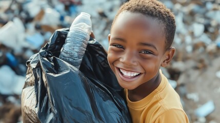 Smiling child collecting plastic waste for recycling  
