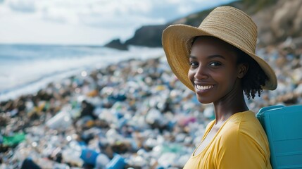 Smiling woman standing near polluted beach with plastic waste  
