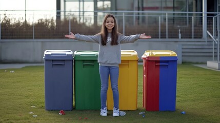 Smiling girl standing by colorful recycling bins  
