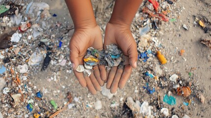 Hands holding microplastic waste collected from polluted beach  

