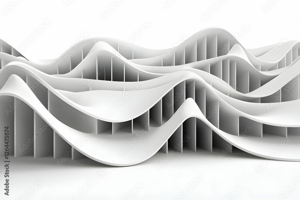 Poster abstract 3d rendering of flowing white architectural forms; undulating wave-like design; modern buil