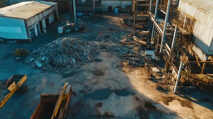 Abandoned industrial warehouse with waste and debris  
