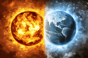 Fiery sun and icy Earth collide in a cosmic clash of opposing elements, a dramatic visual metaphor for duality and contrasting forces.