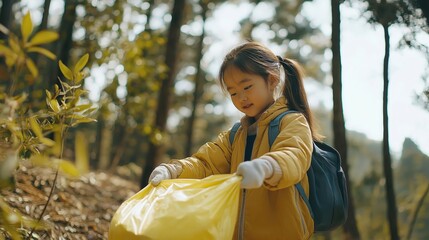 Young girl cleaning up litter in the forest  
