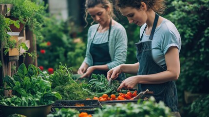 Female workers sorting fresh vegetables at farm market  
